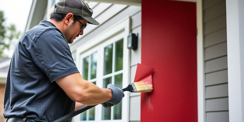 Professional painter applying smooth coat to exterior wall.
