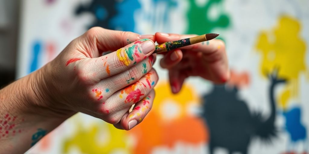 Painter's hands holding a palette brush.