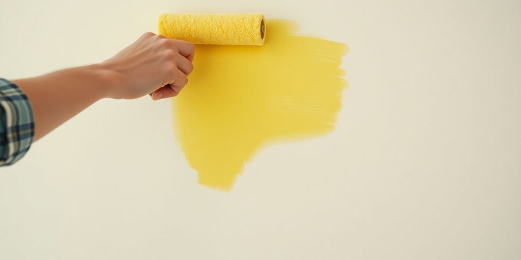 Painter applying smooth coat to interior wall.