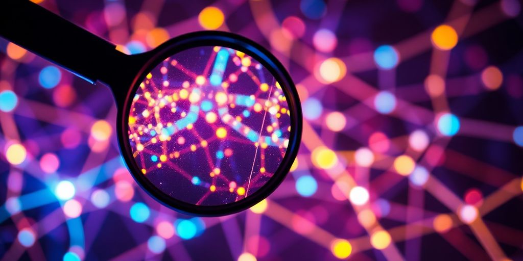 Magnifying glass over glowing digital data.