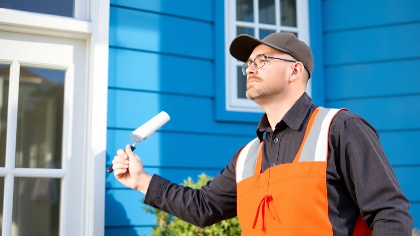 Orlando painter applying white trim paint to a blue house.