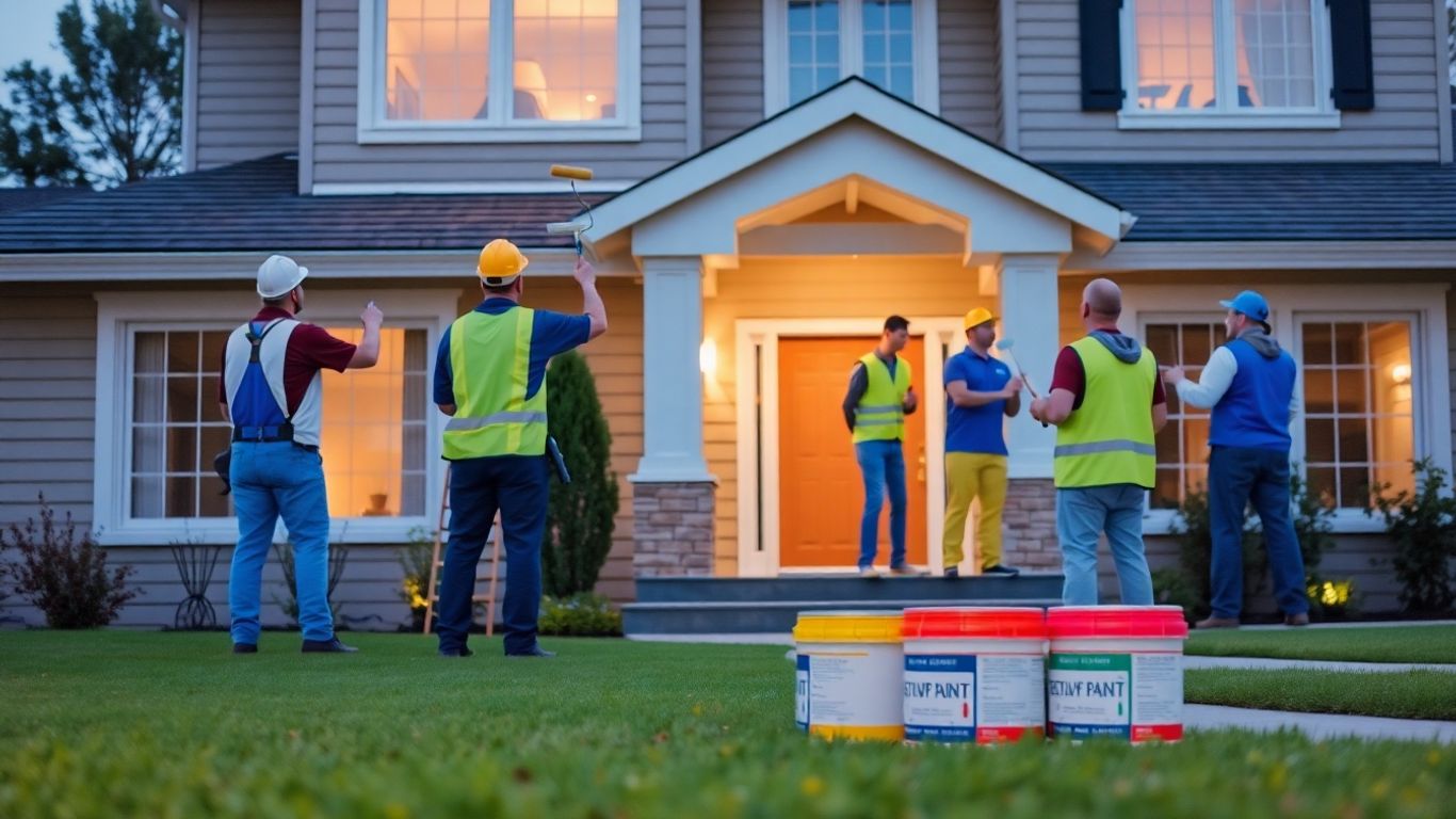 Professional painters working on a modern house exterior