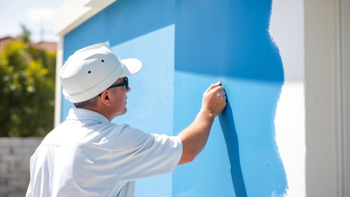 Painter applying blue paint to an exterior wall.