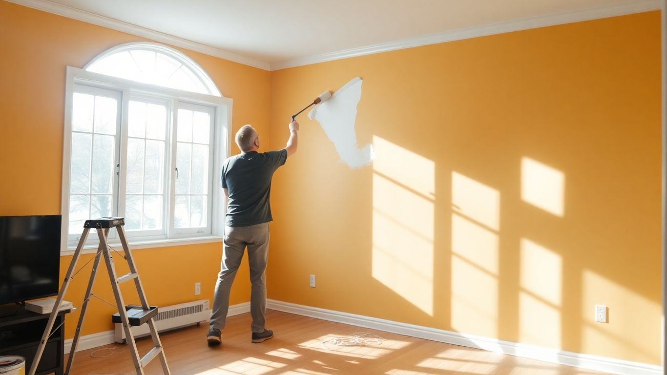 Painter applying a fresh coat of paint to a living room wall.