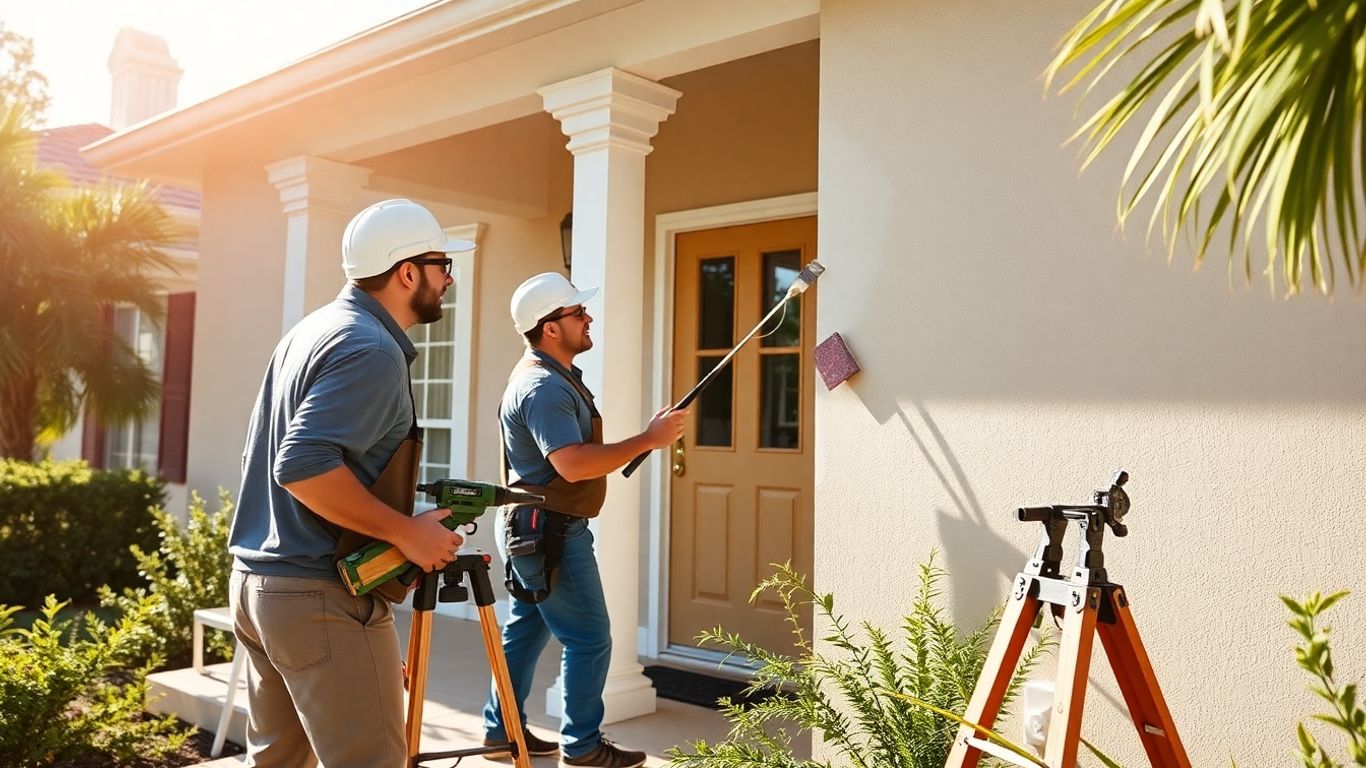 Professional painters working on a house exterior.