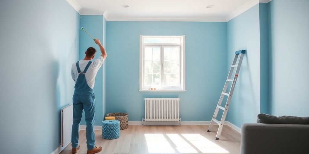 Painter applying blue paint to a living room wall.