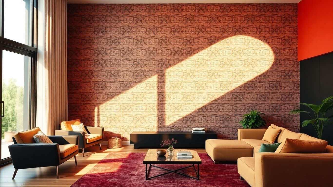 Living room accent wall with textured wallpaper