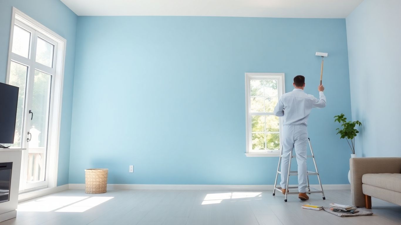 Home interior with freshly painted blue walls.