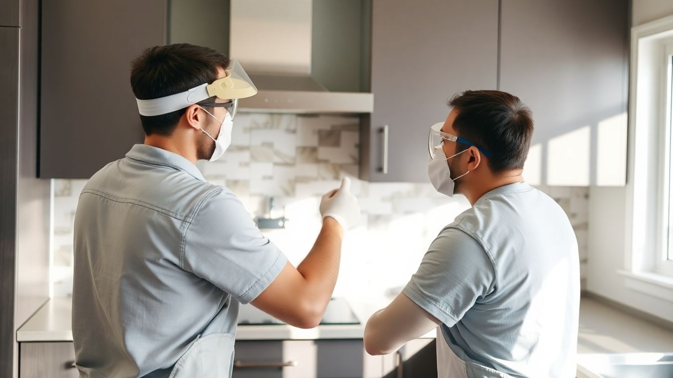 Painter installing a kitchen backsplash during renovation.