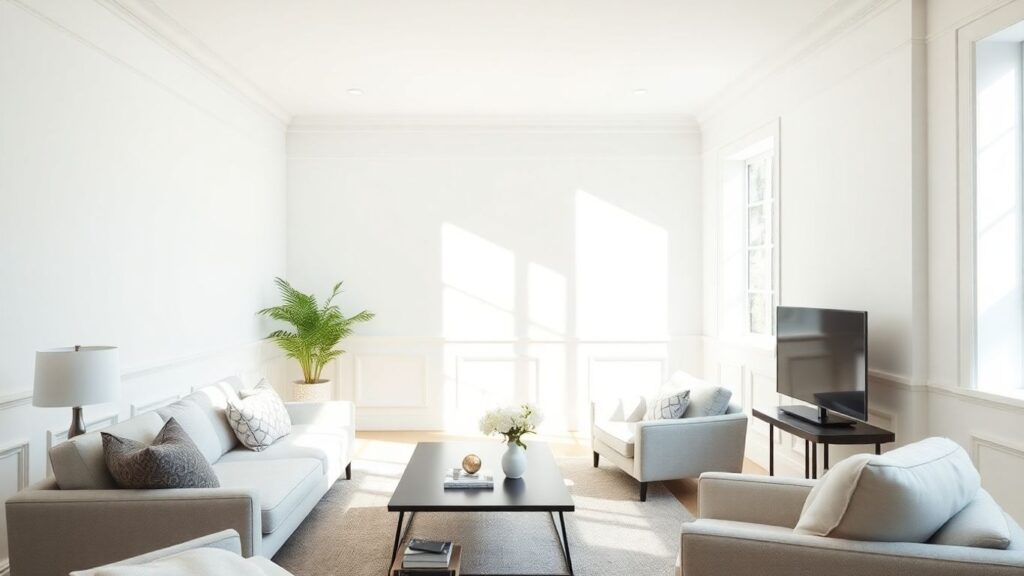 Modern wainscoting in a bright, elegant living room.
