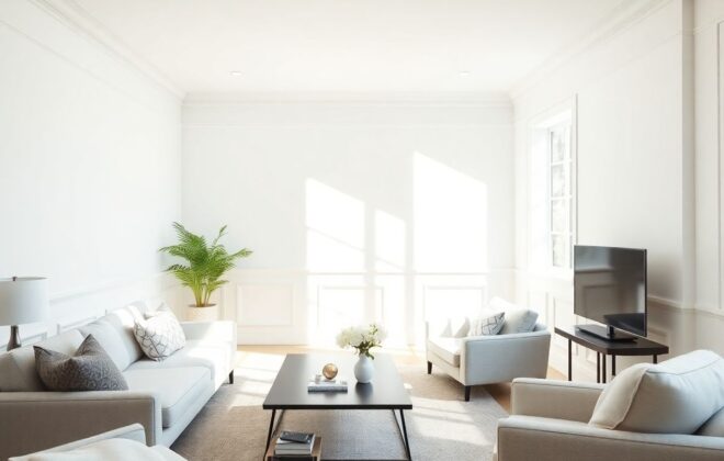 Modern wainscoting in a bright, elegant living room.