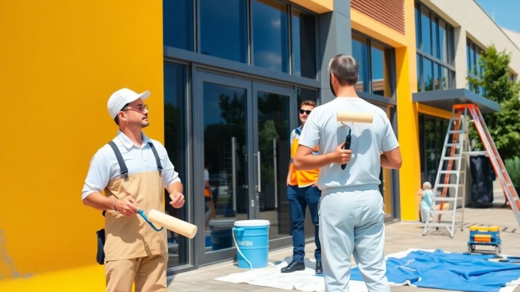 Professional painters working on modern building exterior