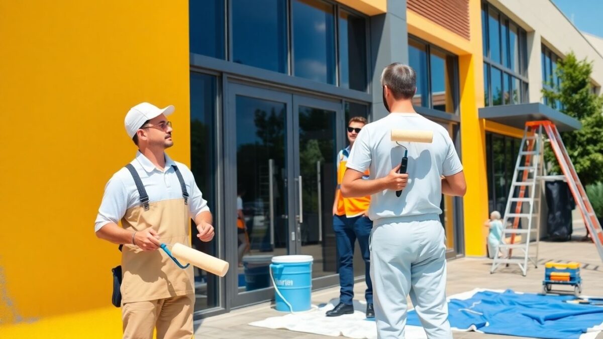Professional painters working on modern building exterior