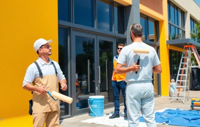 Professional painters working on modern building exterior