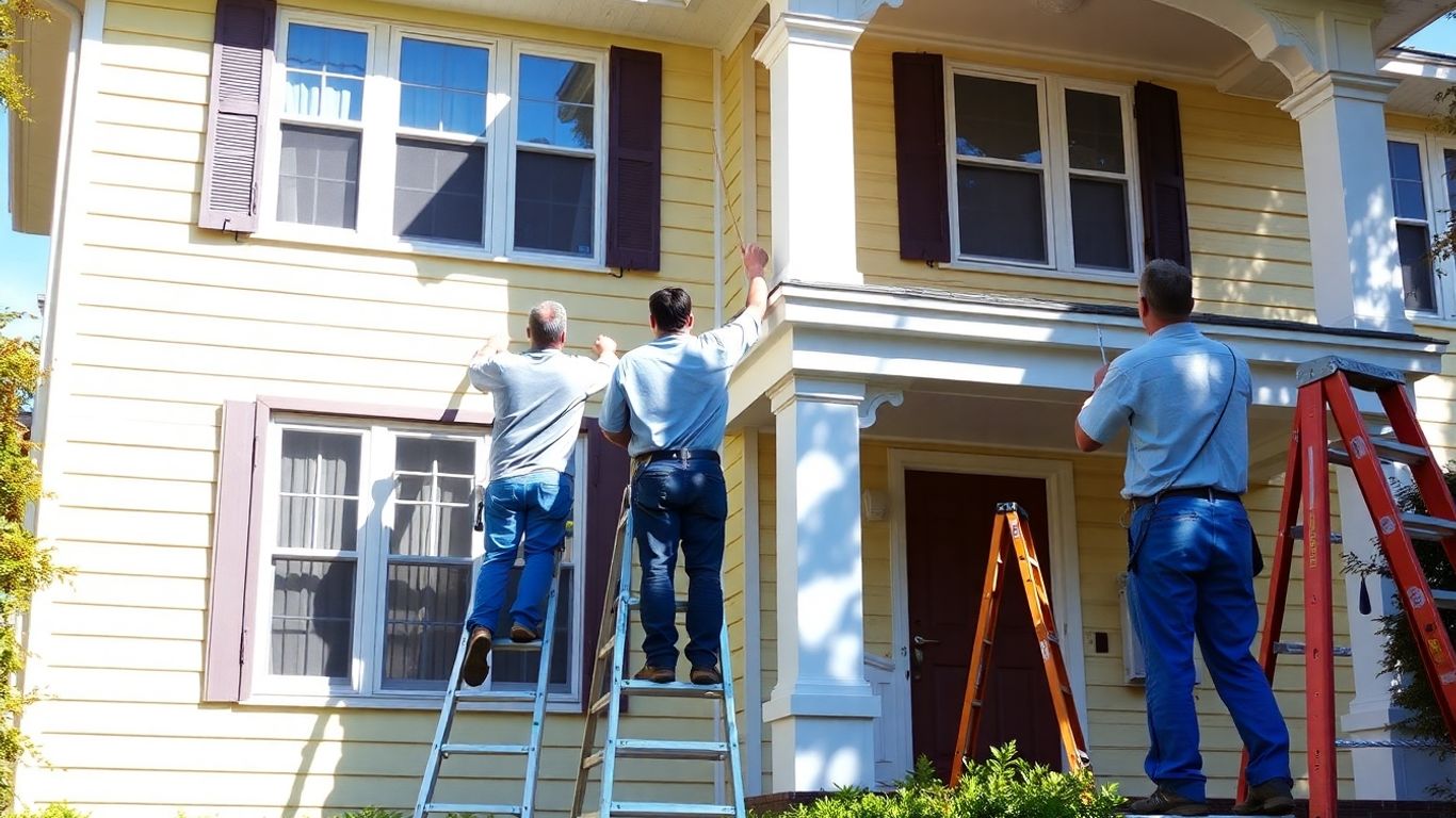 House exterior being professionally painted by skilled workers.