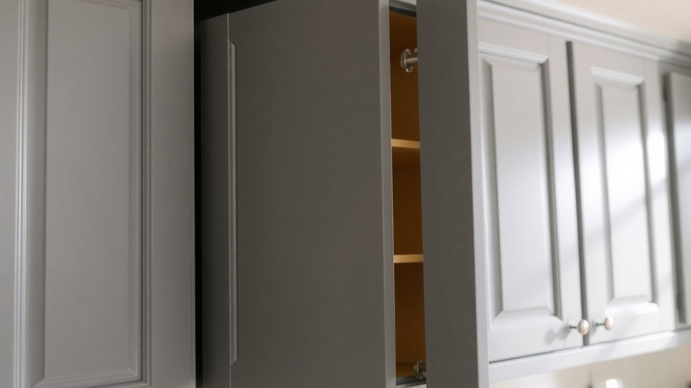 Newly painted kitchen cabinet, modern gray finish.