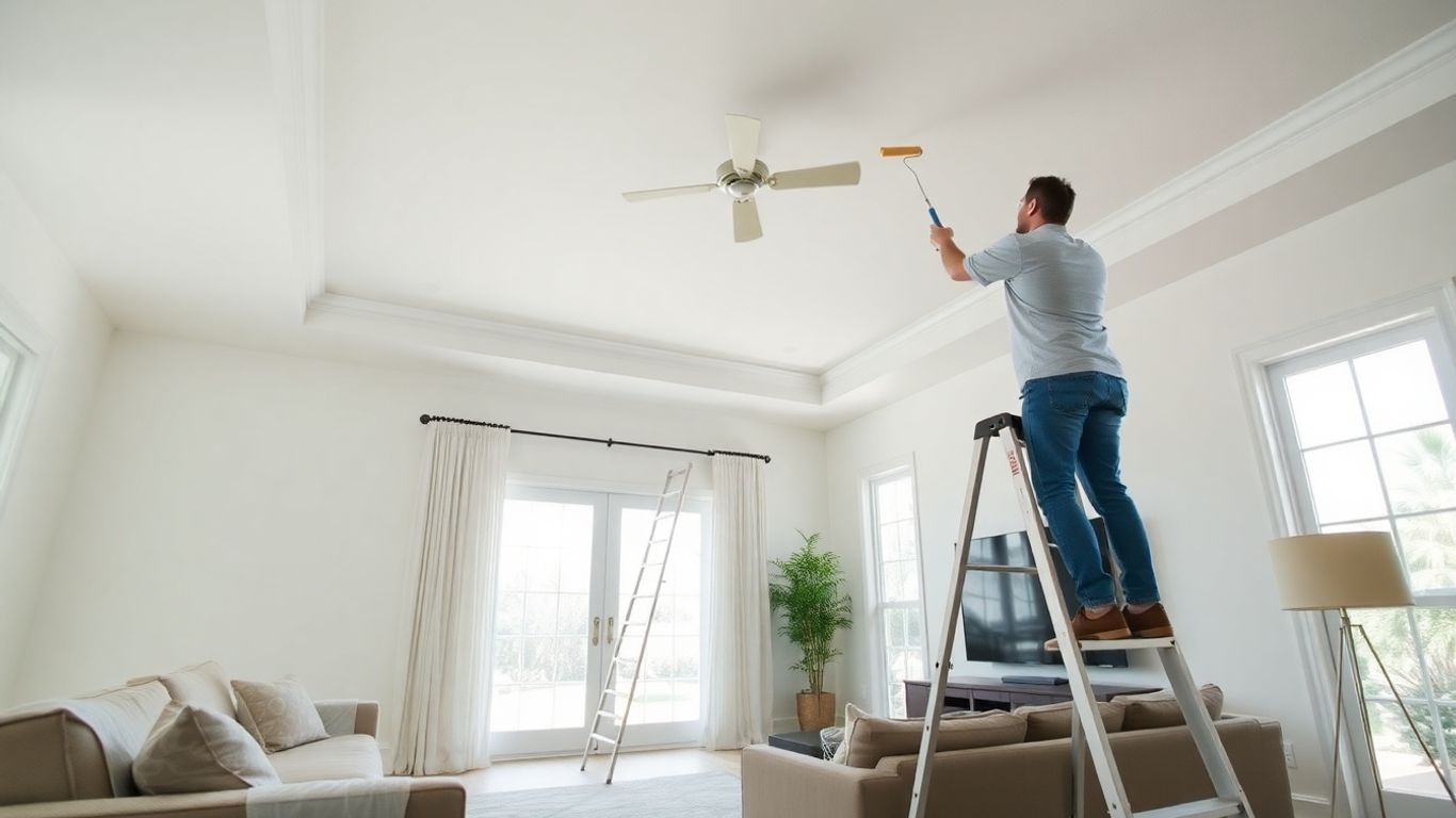 Homeowner painting ceiling in a sunlit Orlando living room