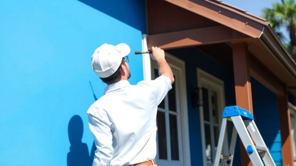 Painter applying blue paint to a house exterior.