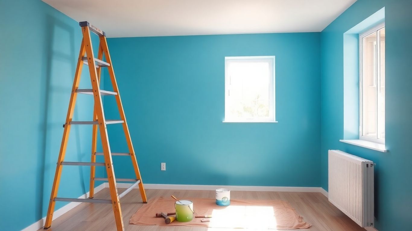 Freshly painted room with vibrant blue walls and painter's tools.