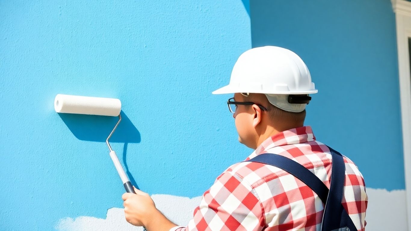 Painter applying blue paint to house exterior