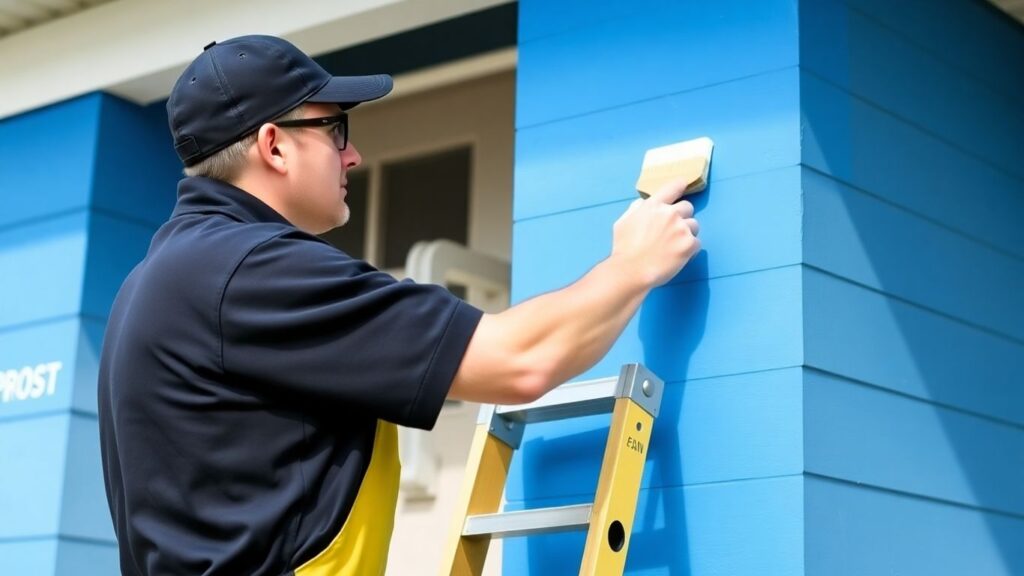 Professional painter applying paint to house exterior.
