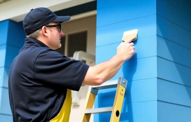 Professional painter applying paint to house exterior.