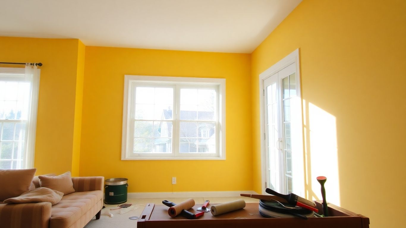 Newly painted living room with painting supplies.