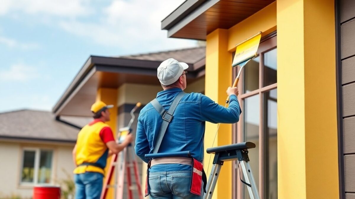 Professional painters working on a house exterior.
