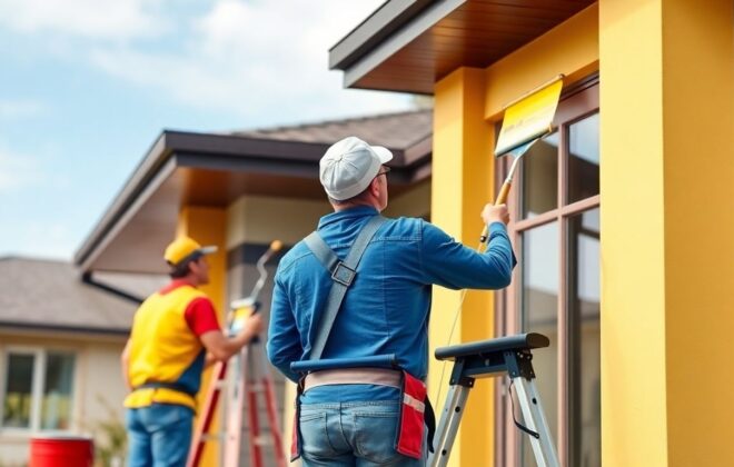 Professional painters working on a house exterior.