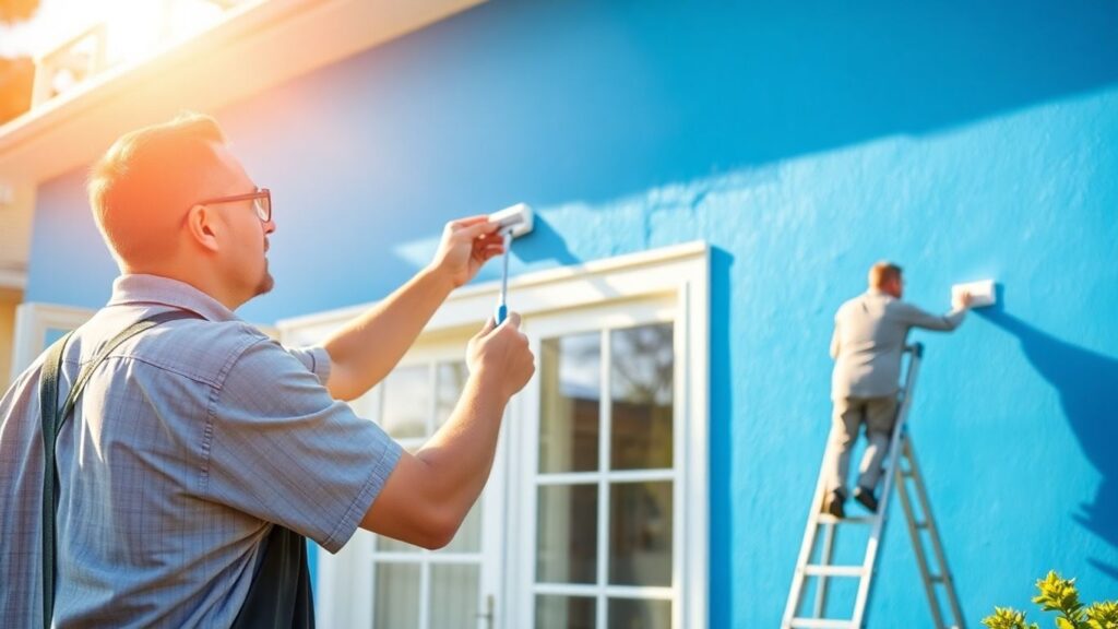 Home exterior being painted by professional painters.
