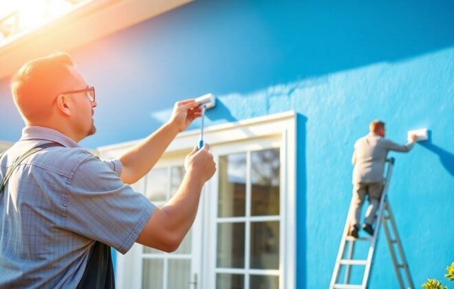 Home exterior being painted by professional painters.