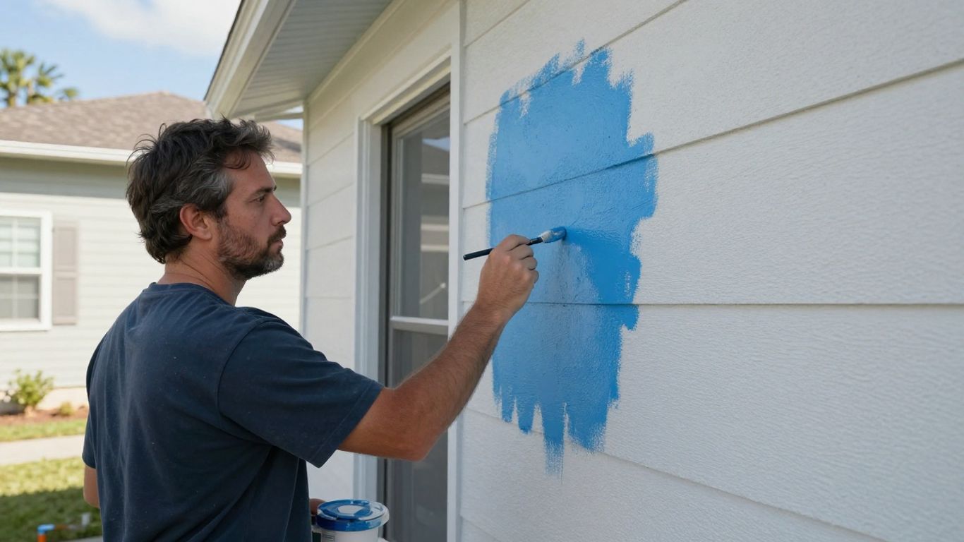 Painter applying blue paint to a house exterior.