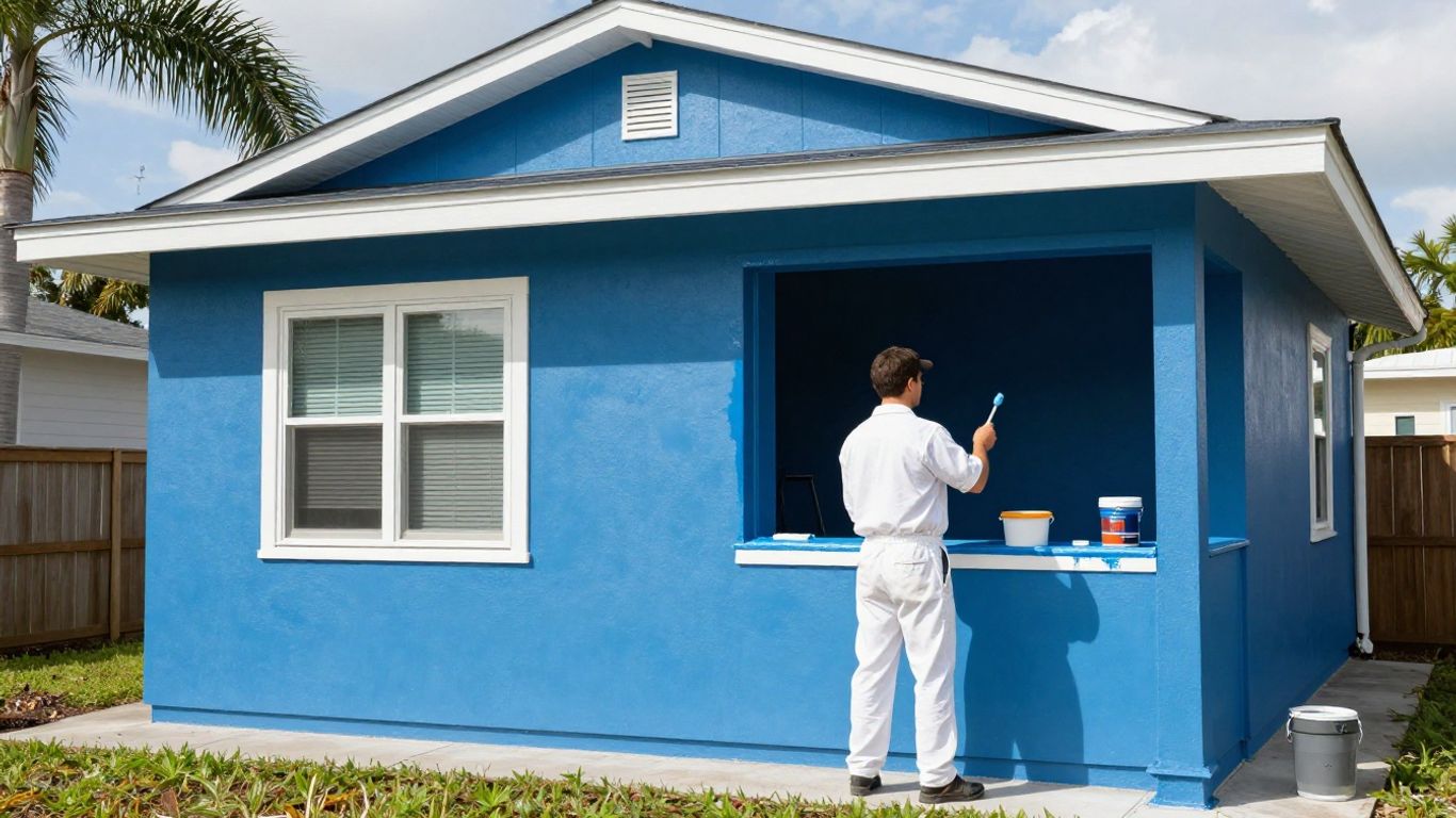 Orlando home exterior with fresh blue paint and painter.