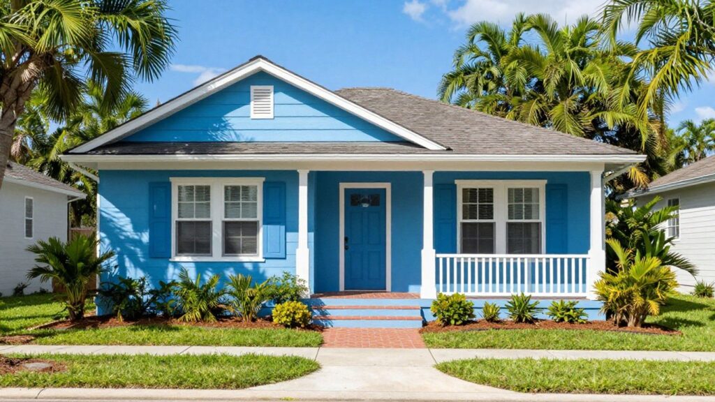 Orlando house exterior with fresh blue paint and landscaping.