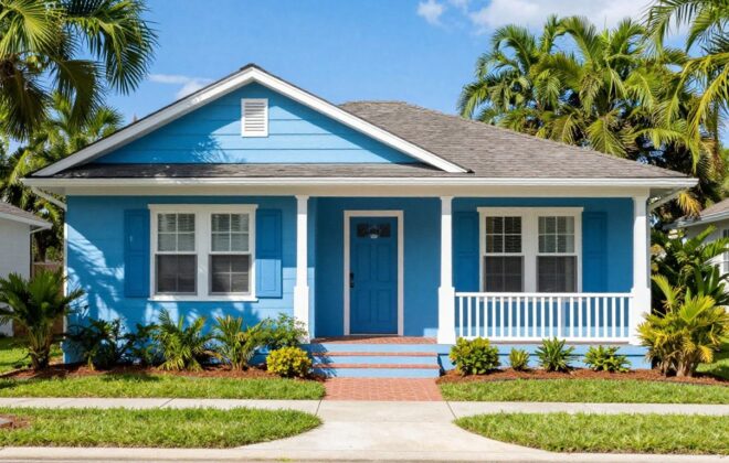 Orlando house exterior with fresh blue paint and landscaping.
