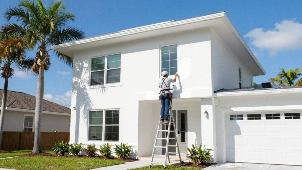 Painter applying white paint to Orlando house exterior.