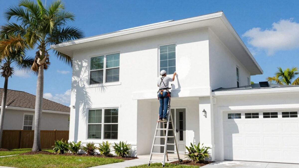 Painter applying white paint to Orlando house exterior.