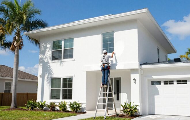 Painter applying white paint to Orlando house exterior.
