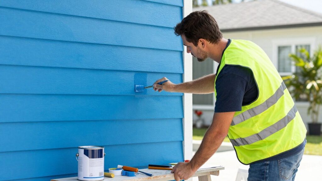 Orlando painter applying blue paint to a house exterior.