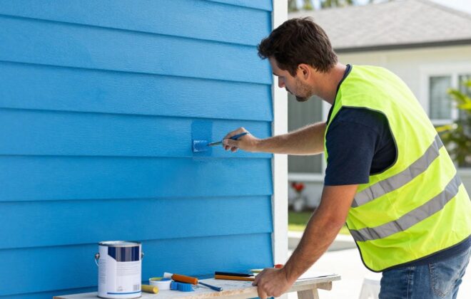 Orlando painter applying blue paint to a house exterior.