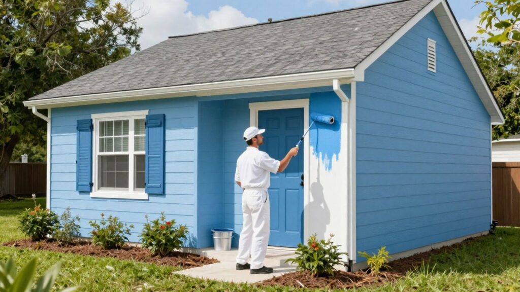Professional painter applying fresh paint to an Orlando home exterior.