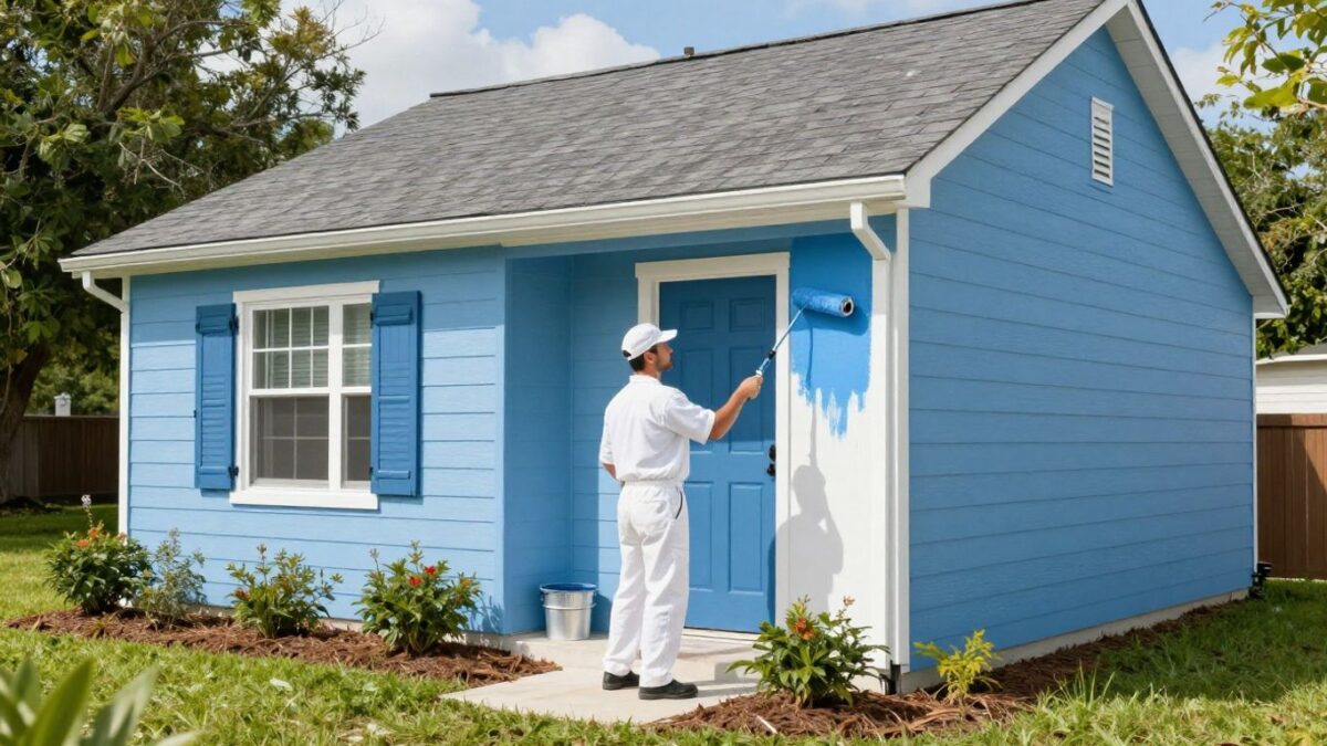 Professional painter applying fresh paint to an Orlando home exterior.
