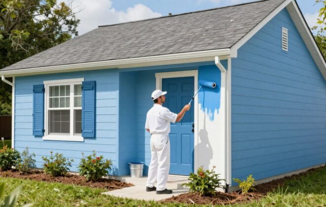 Professional painter applying fresh paint to an Orlando home exterior.