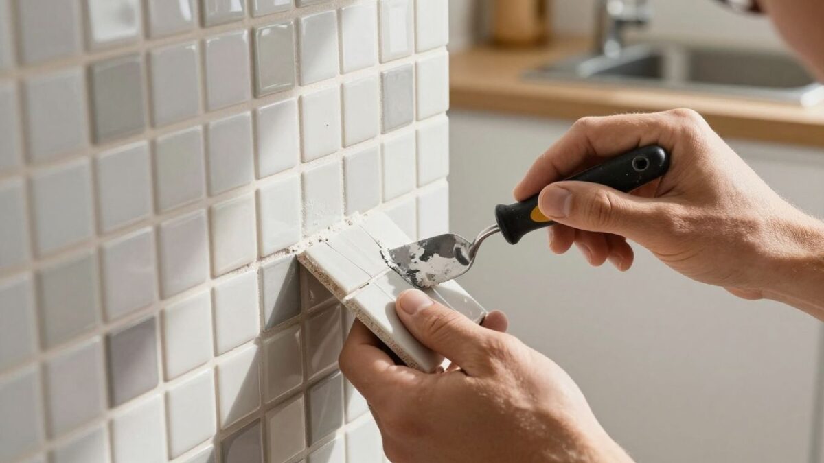 Painter installing a kitchen backsplash with mosaic tiles.