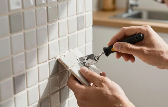Painter installing a kitchen backsplash with mosaic tiles.