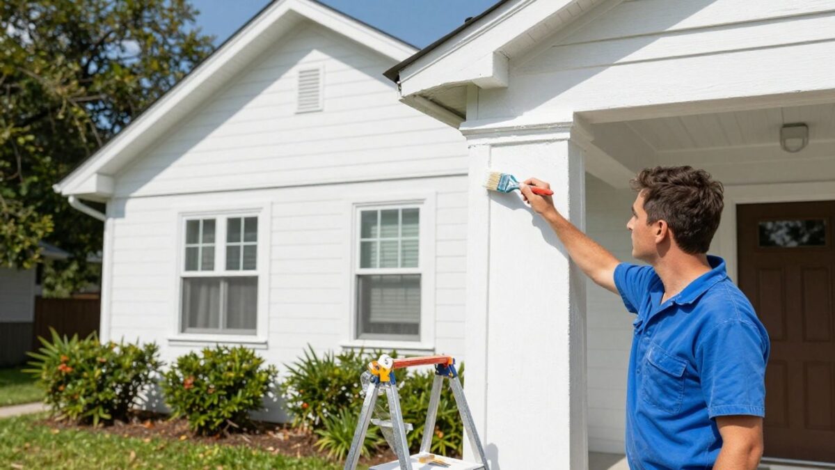 Painter applying white paint to Orlando home exterior.
