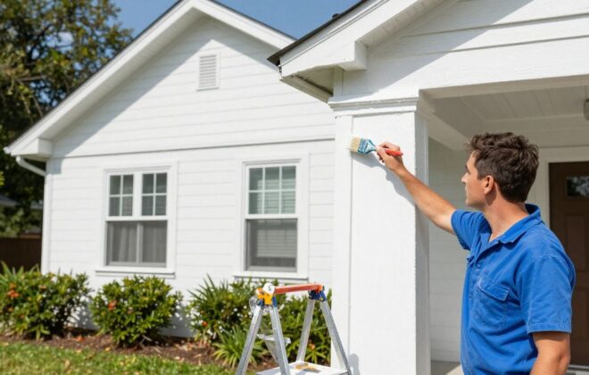 Painter applying white paint to Orlando home exterior.