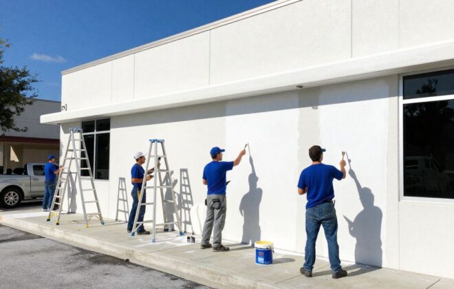Commercial painters working on a building exterior in Orlando.