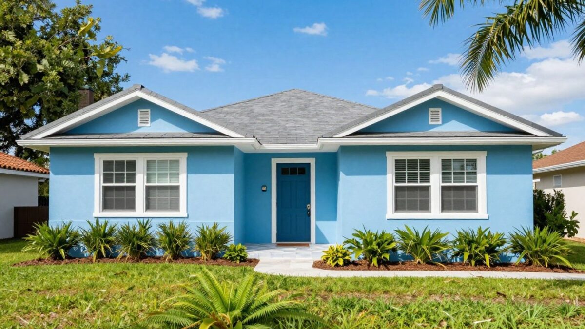 Orlando house with fresh blue paint and green landscaping.