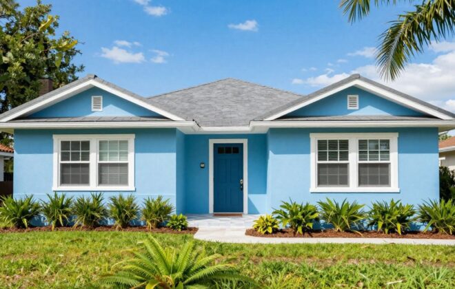 Orlando house with fresh blue paint and green landscaping.